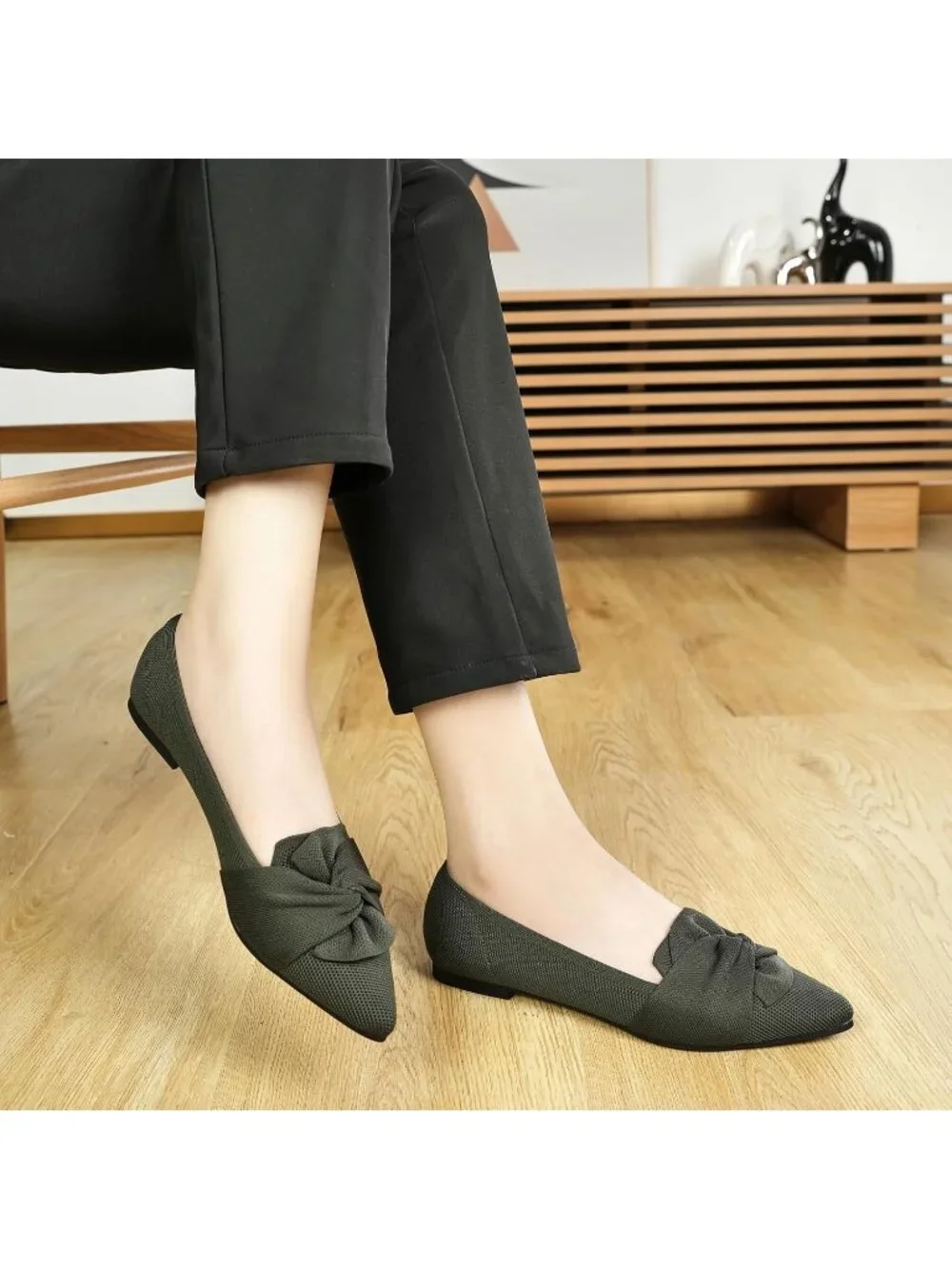 Women's Green Pointed Toe Ballet Flats with Bow Comfortable Knit Dressy Shoes
